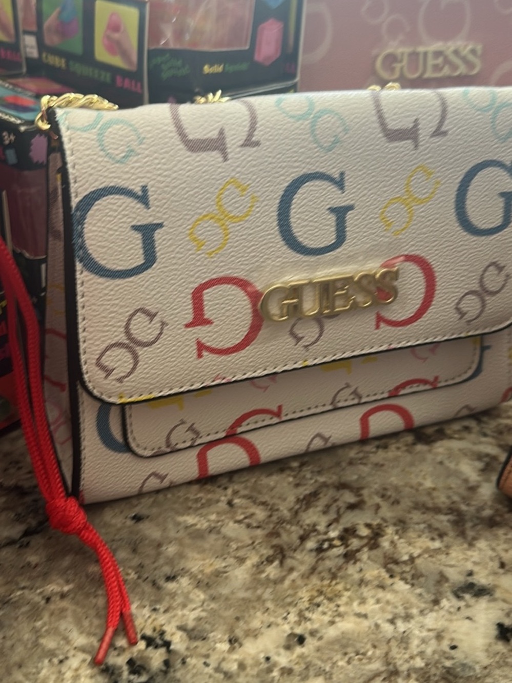 Guess White Multicolor Logo Crossbody with Gold Hardware